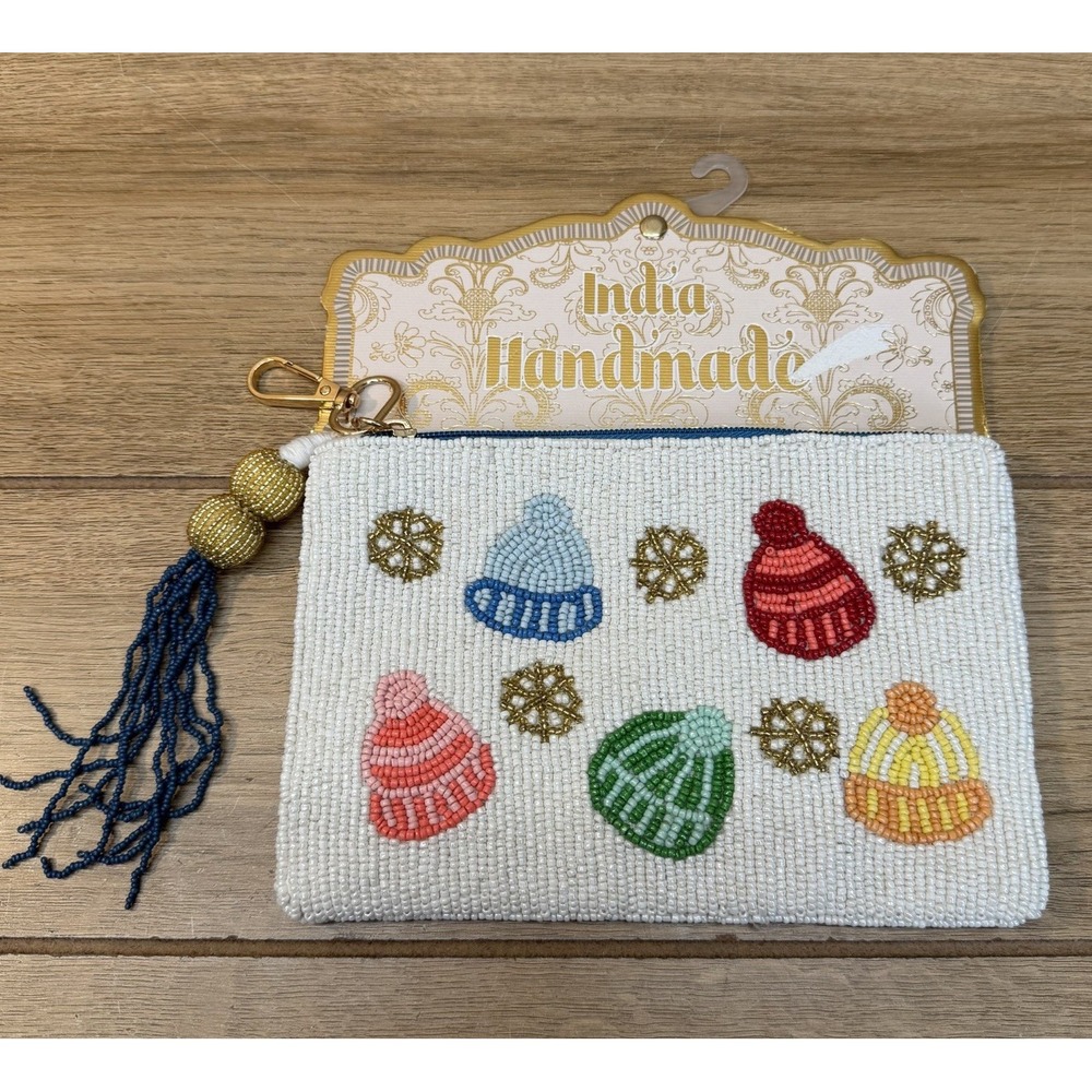India Handmade Beaded Winter Hat Coin Purse Zipper Pouch Tassel Ski Holiday New